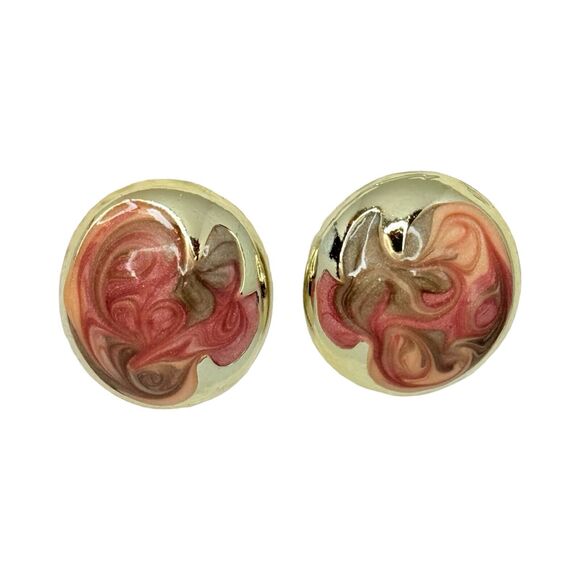 Don Lin Pink & Gold Swirl Large Statement Earrings 1 1/8" 80s Signed Buttons - Picture 1 of 11